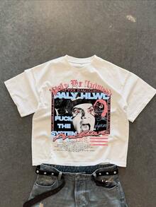 Men's Summer Boxy Fit Short Wide Fashion Letter Hollow Print Crew Neck Short Sleeve T-Shirt - White - View 1