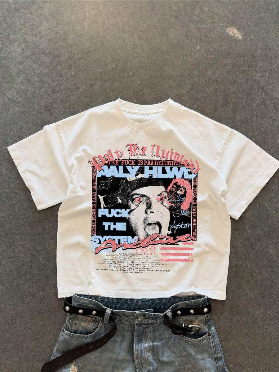 Men's Summer Boxy Fit Short Wide Fashion Letter Hollow Print Crew Neck Short Sleeve T-Shirt - White - View 1