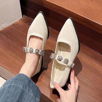 Zapatos de tacón para mujer Sensación de alta gama~ Zapatos de punta en charol estilo francés para mujer, combinados con falda, con tira de strass y tacón interno, estilo Mary Jane