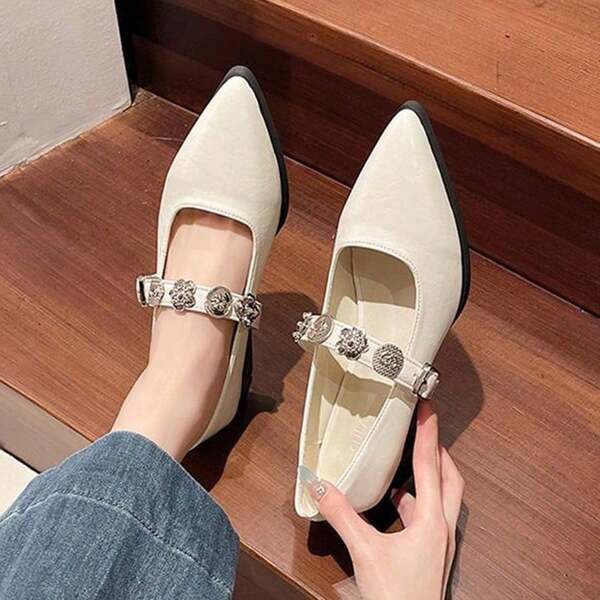 Zapatos de tacón para mujer Sensación de alta gama~ Zapatos de punta en charol estilo francés para mujer, combinados con falda, con tira de strass y tacón interno, estilo Mary Jane