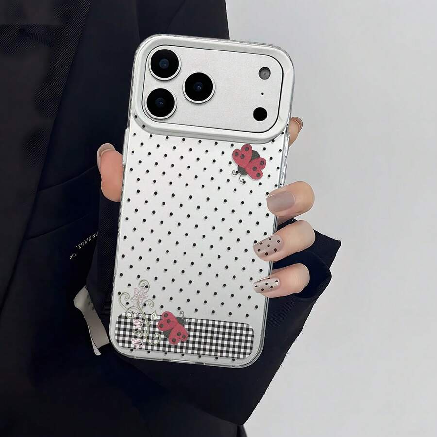 HANCAI 1pc Black & White Small Polka Dot Plaid Ladybug Floral Full Coverage Anti-Drop Phone Case, Ins Gentle Korean Style Retro Sweet Girl Minimalist Versatile Protective Cover, Compatible With IPhone17/17Pro/17ProMax/16/11/16Plus/16ProMax/16e/15ProMax/13/14/12/14ProMax/12ProMax/13ProMax/12Pro/13Pro/14Pro - White Frames, Matte White - View 1