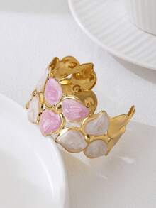1pc Fashionable Three-Leaf Patchwork Design Geometric Enamel Open Cuff Bracelet For Women, Personalized Exquisite Daily Wear - Yellow Gold - View 3