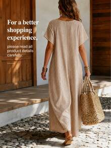 大尺碼女款藍色條紋V領短袖長洋裝，夏季休閒寬鬆度假沙灘洋裝，優雅Vacationcore風 - 卡其色 - 查看 2