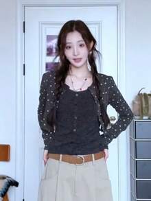 Jaket Kardigan Motif Bunga Kecil Gaya Korea untuk Wanita, Rajutan Lembut, Potongan Ramping, Pakaian Luar untuk Berlapis, Musim Gugur/Dingin, Tampilan Awet Muda (Lapisan Dalam Tidak Termasuk) - Grey - View 3