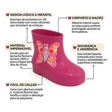 Galocha Infantil Menina Cano Médio Borboleta Chuva Leve - Pink - Visão 3