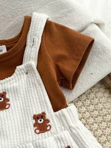 Set 2pcs Baju Bayi Baru Lahir Lengan Pendek & Celana Pendek Overall Bordir Beruang, Ukuran Sedang-Tipis untuk Bayi Merangkak di Musim Semi/Panas - Coffee Brown - View 8