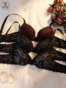 3pcs/Set Women's Underwire Floral Lace Push-Up Bra, Solid Color Wavy Edge Adjustable Straps Side Support Invisible Casual Lingerie - Multicolor - View 2