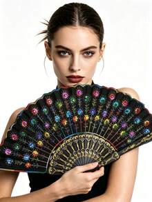 1pc Forever & Moment Elegant Colorful Embroidered Floral Pattern Sequin Fabric Folding Hand Fan, Suitable For Group Dance, Wedding And Festival - Multicolor - View 2