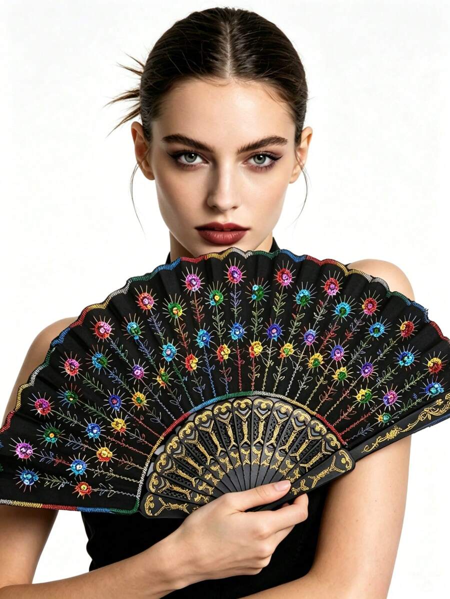 1pc Forever & Moment Elegant Colorful Embroidered Floral Pattern Sequin Fabric Folding Hand Fan, Suitable For Group Dance, Wedding And Festival