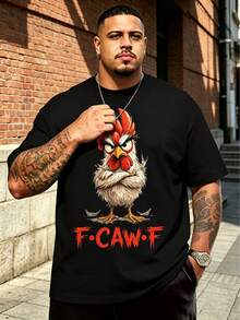 Plus Size "F*CAW*F" Angry Rooster Graphic T-Shirt, Black Background, American Street Style Funny Slogan Short Sleeve Top Summer Sports - Dark Grey - View 1