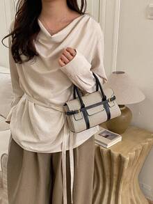 Women's Fashion Colorblock Canvas Tote Bag, Large Capacity Vintage Patchwork Commuter Handbag - Black - View 9