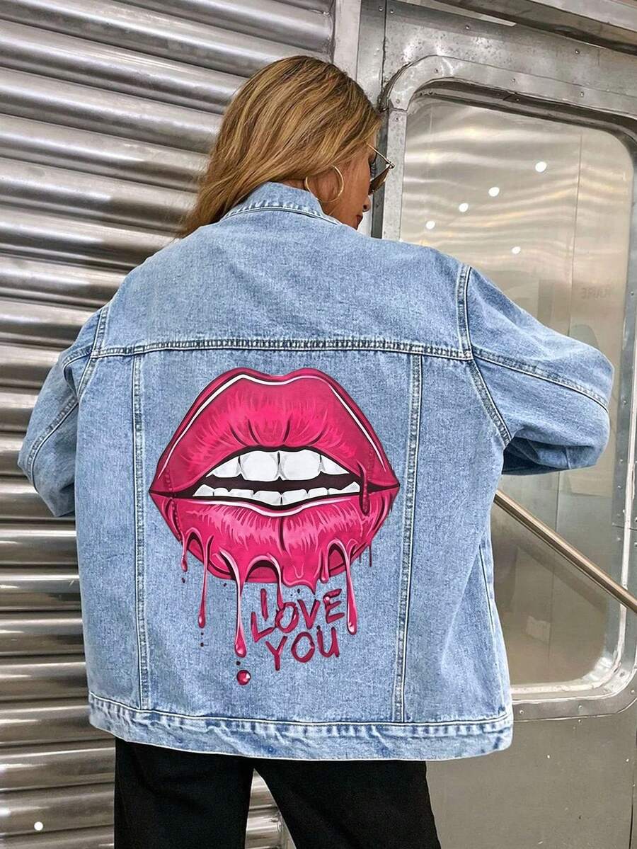 HAPPY GIRL#Spring/Autumn Fashion Vacation Travel Daily Wear Airport Outfit Women's Heat Transfer Design Comfortable Commute Denim Jacket - Blue - View 1