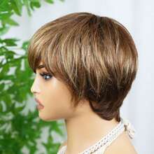 AMECIRE Brown Wig Straight Hair Wig Mixed Color Wig Human Hair Wigs Pixie Cut Wig Women's Short Hair Wig With Bangs Family Costume Wig Elastic Mesh Cap Suitable For Everyday Wear - S4/27 - View 8