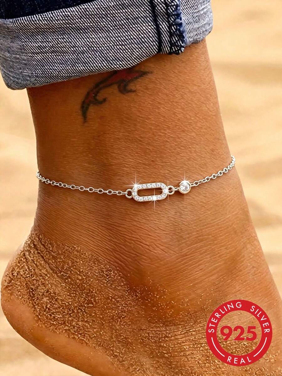 1pc S925 Sterling Silver Minimalist Thin Chain Geometric Anklet For Women, Niche Gentle Style, Versatile For Vacation, Commute And Daily Wear, Adjustable Delicate Small Foot Chain, Gift For Best Friend And Girls On Holidays - Geometry - View 1