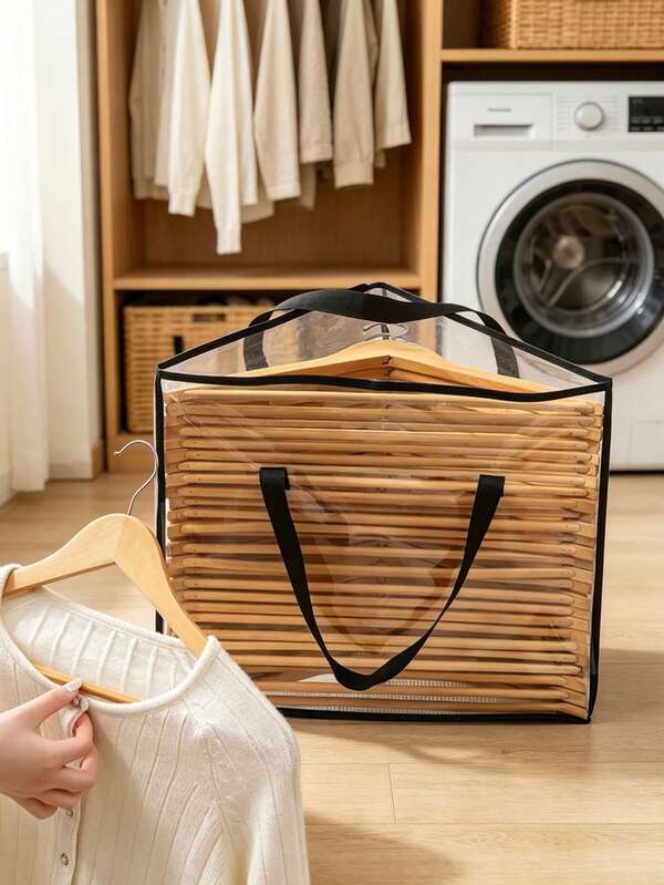 Triangular Hanging Clothes Hanger Storage Organizer Bag, Foldable Large Capacity Transparent Hanger Storage Bag, Thickened Waterproof PVC Wardrobe Organizer, Dual Handle Portable Design, Can Store Solid Wood And Plastic Hangers, Dustproof And Moisture-Proof Transparent Visible, Easily Save Wardrobe Storage Space; Can Be Hung Or Laid Flat And Stacked, Suitable For Bedroom Wardrobe, Built-In Closet, Laundry Room, Balcony Housekeeping Area, Dedicated For Seasonal Hanger Organization, Multi-Scenario Home Storage Essential