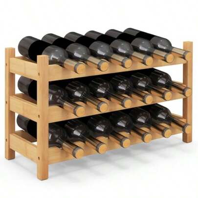 3-Tier Bamboo Wine Rack, 18-Bottle Tabletop Wine Holder With Wave Slot, Freestanding Countertop Wine Bottle Organizer For Kitchen, Pantry, Pub Wine Cellar, Natural 24.5L X 9.5W X 15H