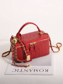 Vintage Festive Red Ostrich Skin Textured Small Square Box Bag With Gold Adjustable Chain, Evening & Commute Handbag For Women - Red - View 5