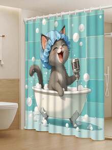 1 pieza Cortina de ducha con diseño de gato de dibujos animados, tela de poliéster duradera, impermeable, sin perforación, fácil instalación, adecuada para el hogar, hotel, vacaciones, regalo para amantes de los gatos, juego de cortina de ducha para baño, incluye 12 ganchos, patrón de gato McBa cantando - Multicolor - Ver 4