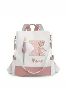 Personalized Custom Name A-Z 26 English Letters Premium Backpack, Fashion Anti-Theft Versatile Large Capacity Travel School Bag, Exquisite Cute Pink Ballet Girl Pattern Fashion Contrast Color Design Lightweight Large Capacity, Perfect For Daily Outings, Work Commute, School - White and Pink - View 35