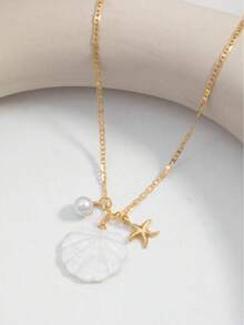 1pc Minimalist Starfish & Faux Pearl Shell Pendant Necklace, Fashion Beach Resort Party Accessory (Style Random) - Gold - View 3