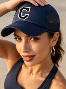 1pc Unisex Printed Mesh Baseball Cap, Breathable Adjustable Trucker Hat, Suitable For Summer Beach, Golf, Running, Daily Wear - Navy Blue - View 5