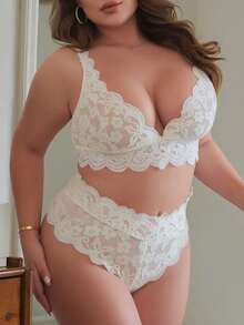 Plus Size Women Sexy Lace Lingerie Sleepwear 2 Pieces Set - White - View 1