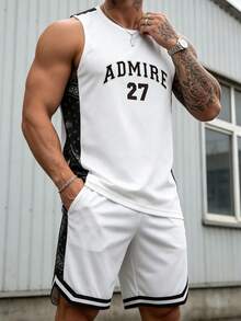 Hombres paisley con con estampado de letra Top tank & Shorts con cordón - Blanco - Ver 1