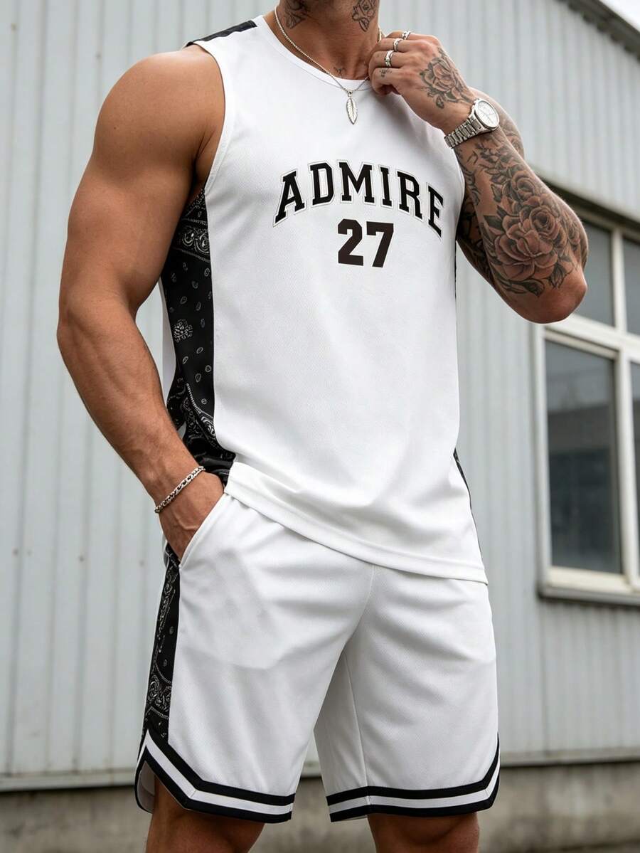 Hombres paisley con con estampado de letra Top tank & Shorts con cordón - Blanco - Ver 1