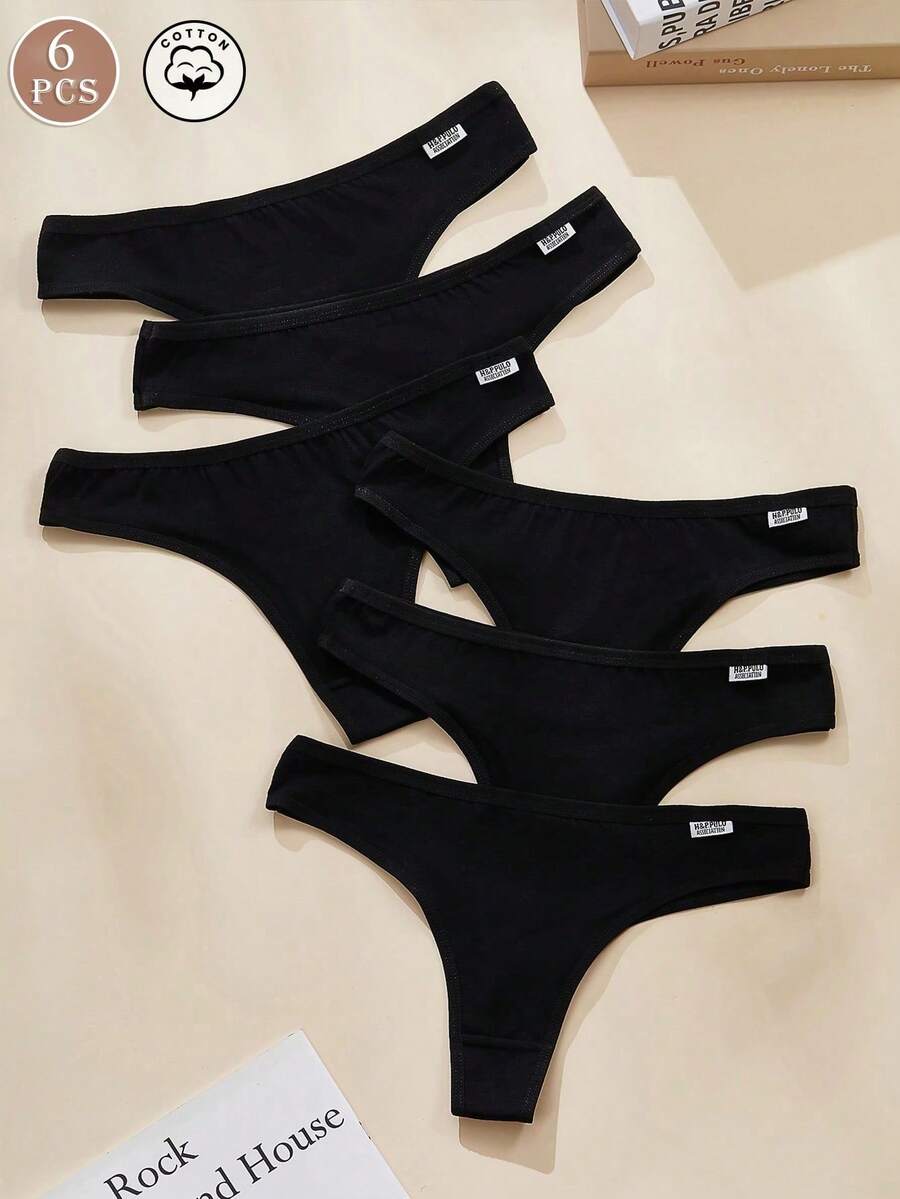 AOKVOGIRL 6pcs Women's Low-Rise Simple & Sexy Breathable Panty Set, Black Solid Color Thong - Black - View 1