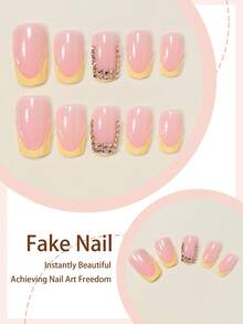 24pcs Romantic 3D Gel Water Ripple Luxury Gold Rhinestone Cream Yellow French Full Coverage Press-On Fake Nails, Square Pointed Shape For Women And Girls, Nail Art Supplies Including 1pc Jelly Glue And 1pc Mini Nail File, Suitable For Summer Party, Office And Daily Wear, Random Jelly Glue - Multicolor - View 2