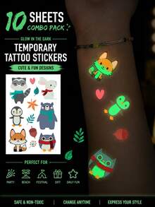 10 Hojas de Pegatinas de Tatuajes Temporales que Brillan en la Oscuridad, paquete Combinado Luminoso, Diseño de Zorro, Rana y Búho de Dibujos Animados Lindos Neón, Arte Corporal, Tatuajes Temporales Impermeables que Brillan en la Piel Unisex para Fiesta, Festival Nocturno, Playa, Diversión Diaria - Multicolor - Ver 9