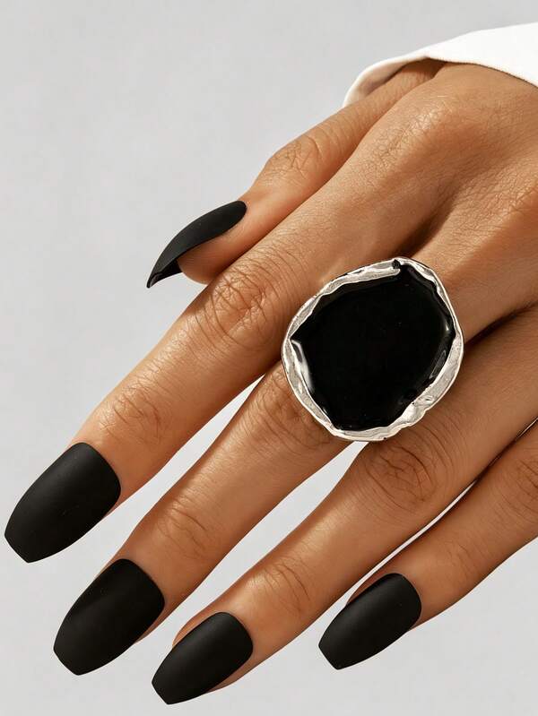 1pc/Fashion Old Money Style Asymmetrical Black Wide Band Ring, Suitable For Women's Daily Commute, Personalized Layering Jewelry