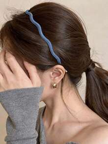 2 piezas/1 pieza Diadema de mezclilla ultra delgada con ondas para mujeres, clip de cabello versátil, nuevo estilo primavera/verano, diseño de corona alta, apariencia premium - Azul - Ver 4