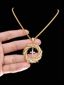 1pc Cubic Zirconia Cross Pendant And 3mm Stainless Steel Twisted Chain, Unisex Hip Hop Cross Pendant Necklace, Fashion Punk Vintage Jewelry, Suitable For Daily Wear Or Party, Easter Gift - Yellow Gold - View 3