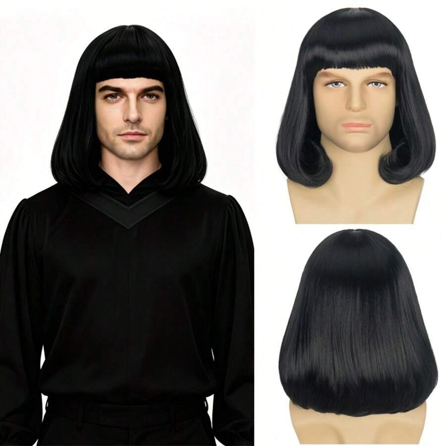 Men's Shoulder-Length Bob Wigs, Men's Full Bangs, Inner Buckle Wigs, Men's Dress-Up Wigs, Cos Wigs, Suitable For All Races, Black Shoulder-Length Bob Wigs, Halloween - Multicolor - View 1