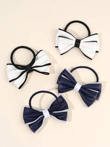 2pcs/4pcs Navy Blue&White Bow Scrunchies,PU Leather Scrunchies,Black Elastic Rubber Band Scrunchies Hair Accessories For All Seasons,Back To School - Multicolor - View 7