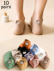 1/5/10 Pairs Women's Multi-Color Cat Embroidery Ribbed Boat Socks, Skin-Friendly Soft Cute Sweet, Morandi Color, Cute, Japanese And Korean Style, Comfortable Minimalist Low-Cut Invisible Boat Socks, Suitable For Home And Gift, Suitable For Home Leisure Scenes, Randomly Mixed - Multicolor - View 6