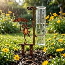 Rostiger Frosch Outdoor Regenmesser, Vintage Eisen Gartenstecker mit Glas Messbecher, dekorativ und funktional - Frosch - Übersicht 1