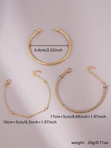 3pcs Inlaid Cubic Zirconia Rhinestone Chain Bracelet Set, Delicate & Minimalist, Suitable For Women's Daily Wear, Dating, Party, Gathering, Layering & Matching - Yellow Gold - View 6