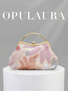 OpulAura 女款精緻迷人花瓣與葉片圖案刺繡晚宴手拿包，夏季粉色亮片設計，適合晚禮服搭配，適用婚禮/度假/正式派對/舞會，附鏈條，隨機圖案形狀 - 粉色 - 查看 1
