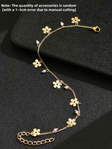 1pc Flower Faux Pearl Pendant Anklet For Women, Suitable For Daily Wear, Beach Vacation Accessory, Party Essential, Random Accessory Quantity (Material Is Iron, Please Avoid Contact With Water To Prevent Rusting) - Yellow Gold - View 4