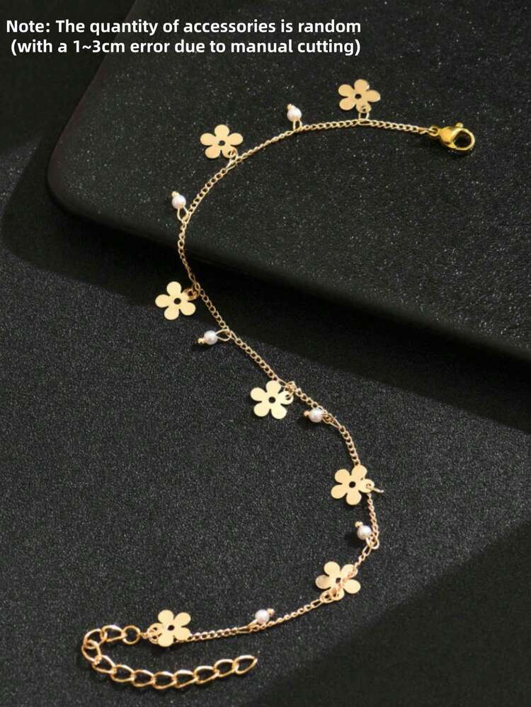 1pc Flower Faux Pearl Pendant Anklet For Women, Suitable For Daily Wear, Beach Vacation Accessory, Party Essential, Random Accessory Quantity (Material Is Iron, Please Avoid Contact With Water To Prevent Rusting) - Yellow Gold - View 4