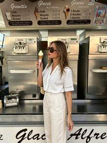Women's Casual Lace Patchwork Solid Color Button Short Sleeve Shirt, Summer White - White - View 4