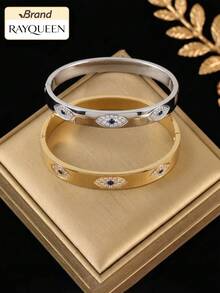 RAYQUEEN 1pc Stainless Steel Personalized Fashion Blue Rhinestone Evil Eye Bohemian Bracelet For Women, Suitable For Holiday Gifts And Daily Wear - Bracelet - View 1
