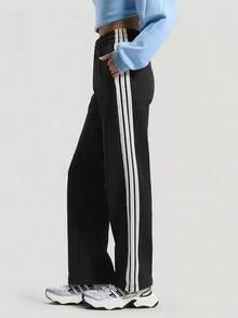 Adidas New Women's Three-Striped Loose-Fit Casual Straight-Leg Trousers - Black and White - View 1