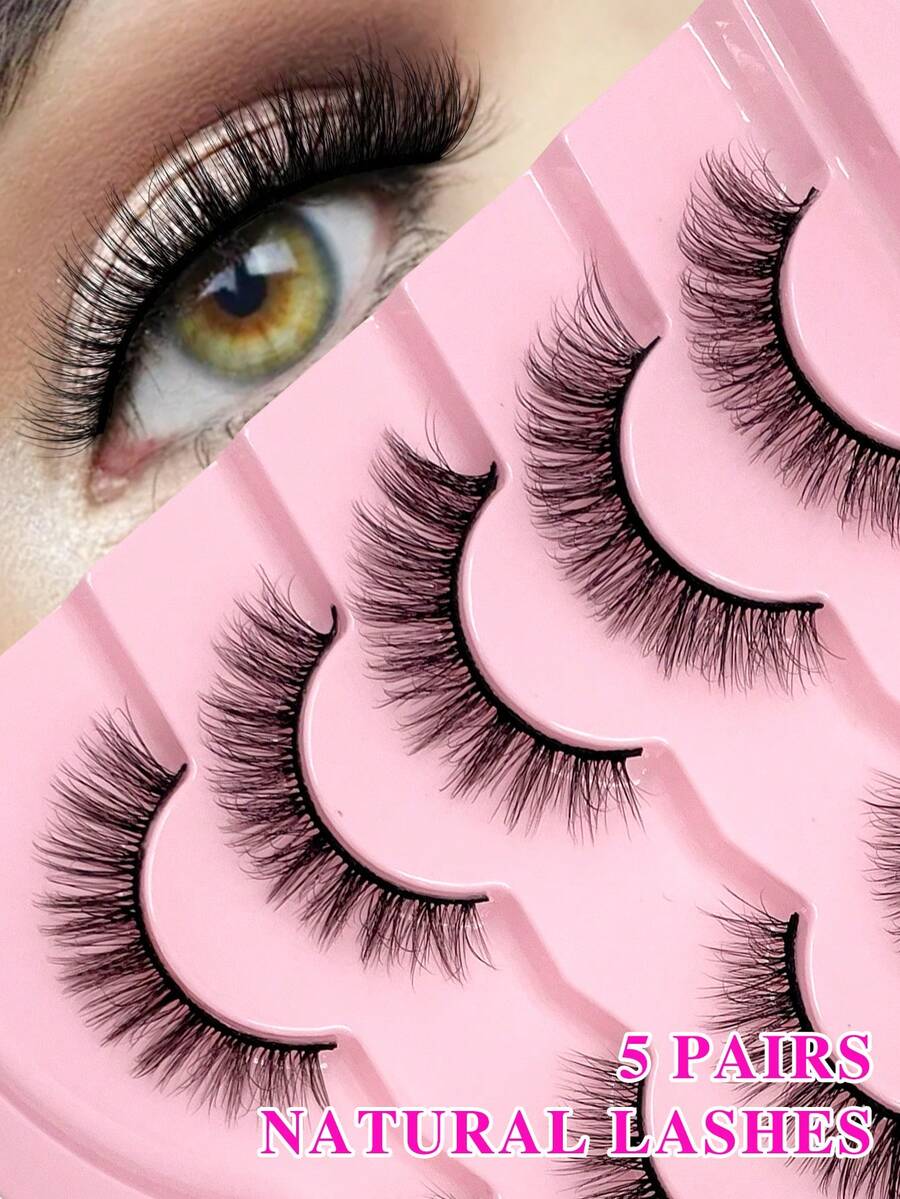 ENCHUW 5 Pairs Wispy Natural Look Eyelash Soft Band Fluffy False Eyelashes - Black - View 1