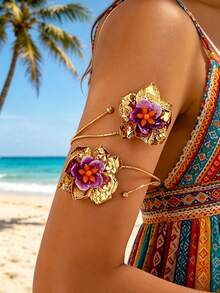 1pc Vintage Purple Glazed 3D Flower Open Cuff Bracelet, Women's Heavy-Duty Pleated Metal Floral Armlet, Beach Vacation Dress Atmosphere Arm Accessory - Violet Purple - View 1