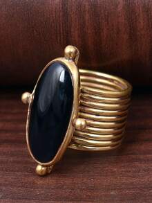 ZHIXUN 1pc Bohemian Style Oval Black Raw Stone Exaggerated Ring, Women's Wide Multi-Layer Spiral Ring, Suitable For Daily Wear, Festival, Casual And Personalized Style Jewelry Gift - Ring - View 1