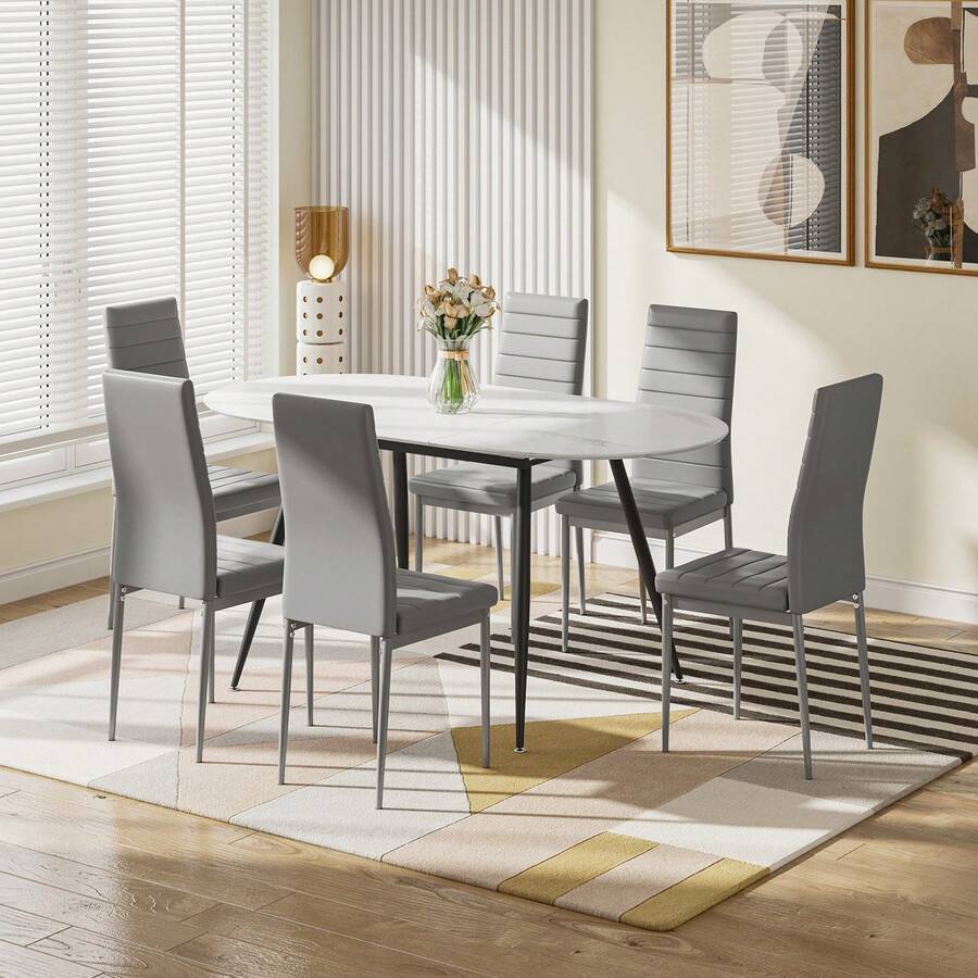 Dining Table And Chairs Set 6, Extendable Table With 6 Faux Leather Chairs For Dining Room, Kitchen, 6 Seater Room Set - Meja Marmer Putih + 6 Kursi PU Abu-abu - View 1