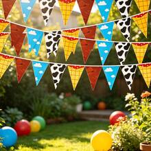 12/36/60 Pieces Of Cow-Print Denim Hats With Cloud-Shaped Triangular Flags And Paper Banners, Western Cowboy-Themed Decorative Flag Garlands - View 7